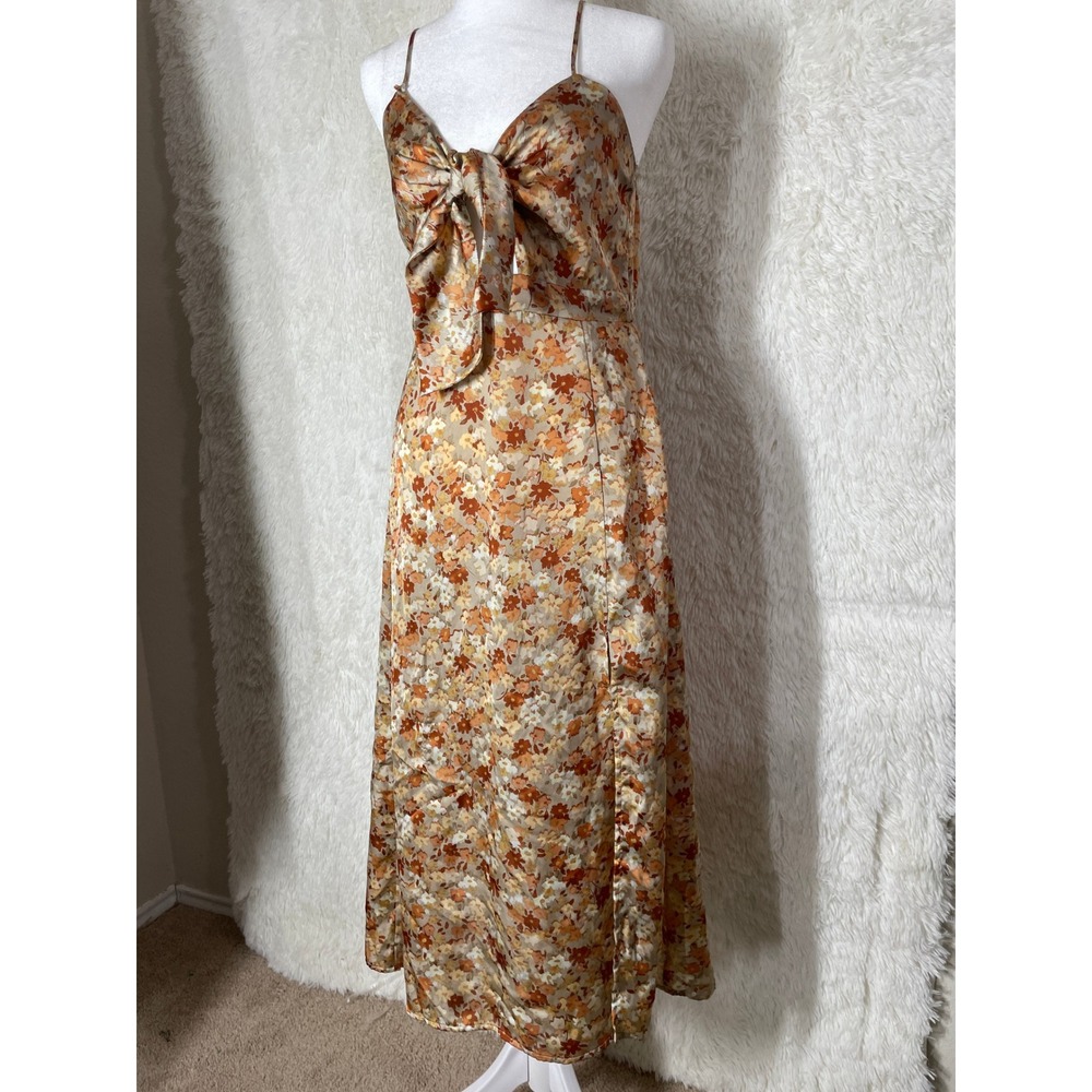Lush Floral Summer Spring Midi Dress Orange Tan Satin Feel Size M Cottage Boho